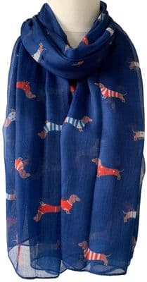 Dachshund Dog Scarf in Navy Blue with a Cute Sausage Dogs Pattern