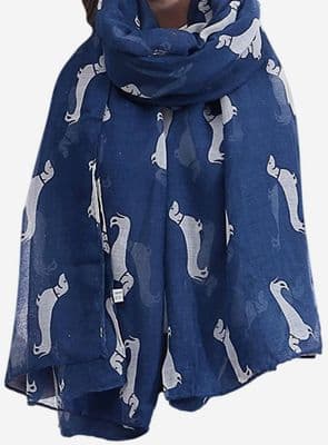 Dachshund Dog Scarf in Navy Blue with a White Sausage Dog Pattern
