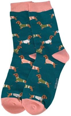 Dachshund Dog Socks Cute Sausage Dogs Pattern in Green Teal and Pink Women’s Size 3 - 7