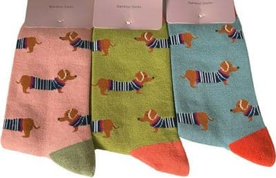 Dachshund Socks Cute Sausage Dog Pattern 3 Pair Multi Pack in Blue Green and Pink