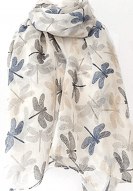 Dragonfly Scarf  in Cream Navy Blue Grey and Beige Dragonflies Pattern