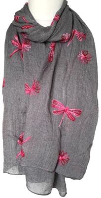 Dragonfly Scarf in Grey with Pink Embroidered Dragonflies