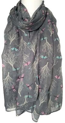 Dragonfly Scarf in Grey with Pink Turquoise Blue Dragonfly Pattern