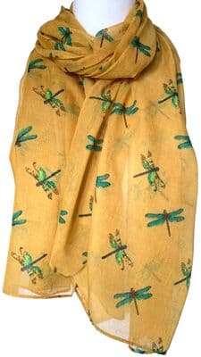 Dragonfly Scarf in Mustard Yellow with Green Dragonflies