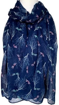 Dragonfly Scarf in Navy Blue with Pink and Turquoise Dragonflies