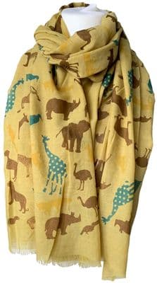 Elephant Scarf Rhino Zebra Ostrich Giraffe Penguin Pattern in Yellow