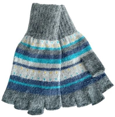 Fingerless Gloves Grey and Blue Striped Knitted Wool and Angora Blend Gloves