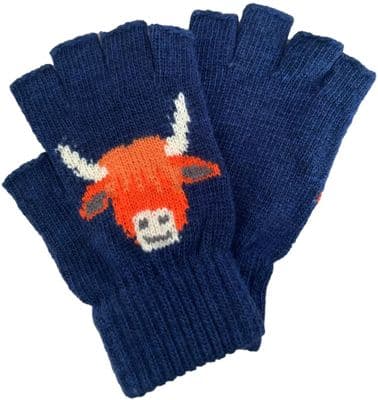 Fingerless Gloves with a Highland Cow Pattern in Navy Blue