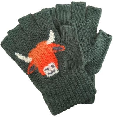 Fingerless Gloves with Highland Cattle Pattern in Green