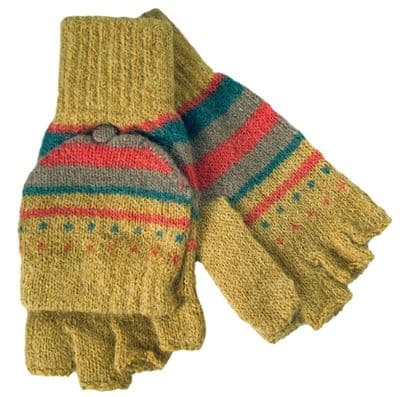 Fingerless Gloves Women's Convertible Mittens Mustard Yellow with Orange and Green Stripes