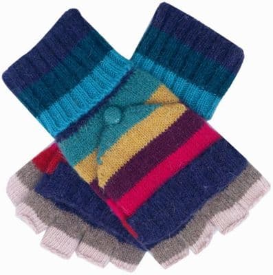 Fingerless Gloves Women's Convertible Style Striped Mittens in Blue Yellow and Green