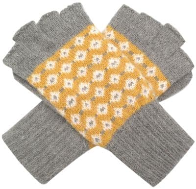 Fingerless Gloves Women's Grey and Yellow Patterned Knitted Wool and Angora Blend