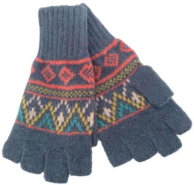 Fingerless Gloves Women's Knitted Wool and Angora Blend Patterned Gloves in Blue Grey