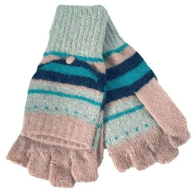 Fingerless Gloves Women's Pink Convertible Mittens with Blue and Grey Stripes