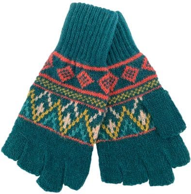 Fingerless Gloves Women's Teal Green Patterned Knitted Wool and Angora Blend