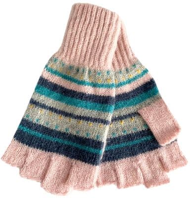 Fingerless Pink Gloves Women's Blue and Grey Striped Knitted Wool and Angora Blend