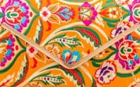 Floral Clutch Bag Mustard Yellow Satin with a Multicoloured Pattern
