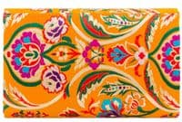 Floral Clutch Bag Mustard Yellow Satin with a Multicoloured Pattern
