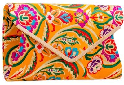 Floral Clutch Bag Mustard Yellow Satin with a Multicoloured Pattern