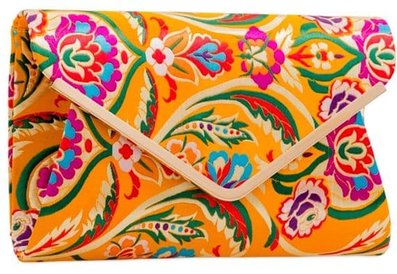 Floral Clutch Bag Mustard Yellow Satin with a Multicoloured Pattern