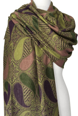 Floral Pashmina Wrap in Green and Aubergine Purple