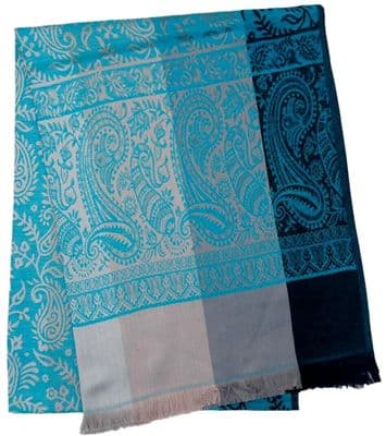 Floral Pashmina Wrap Women's Turquoise Blue Teal and Beige Patterned Shawl