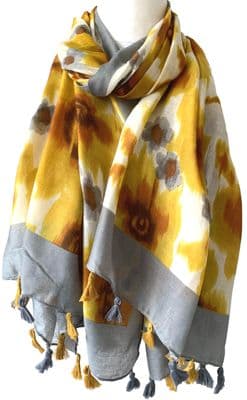 Floral Pattern Scarf in Yellow and Grey with Tassel Trim