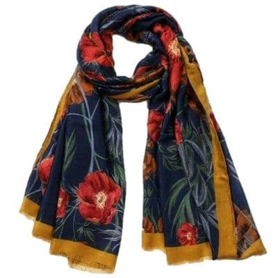 Floral Scarf in a Navy Blue and Red Flower Pattern with a Mustard Yellow Coloured Border