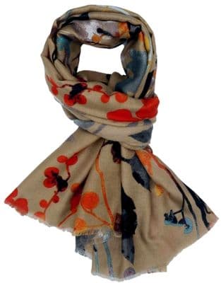 Floral Scarf in Beige Orange and Teal Blue