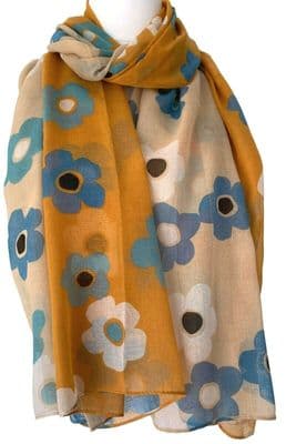Floral Scarf In Beige Yellow and Blue