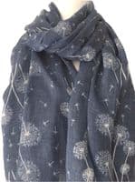 Floral Scarf in Blue with a White Dandelion Clock Flower Pattern