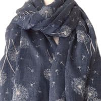 Floral Scarf in Blue with a White Dandelion Clock Flower Pattern