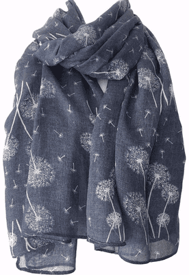 Floral Scarf in Blue with a White Dandelion Clock Flower Pattern