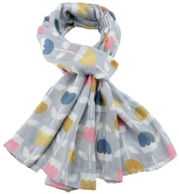 Floral Scarf in Grey with Blue Pink and Yellow Tulips