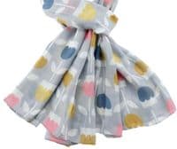 Floral Scarf in Grey with Blue Pink and Yellow Tulips
