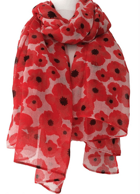 Floral Scarf in White with a Red Poppy Pattern