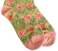 Floral Socks Women's Bamboo Cotton Blend Lime Green with a Pink Flower Pattern