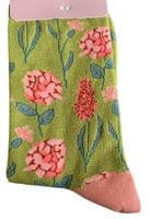 Floral Socks Women's Bamboo Cotton Blend Lime Green with a Pink Flower Pattern