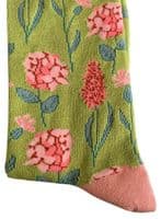 Floral Socks Women's Bamboo Cotton Blend Lime Green with a Pink Flower Pattern