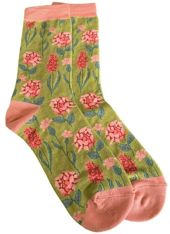 Floral Socks Women's Bamboo Cotton Blend Lime Green with a Pink Flower Pattern
