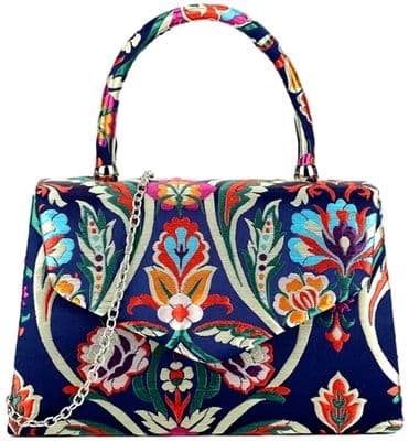 Floral Top Handle Bag Navy Blue Satin Handbag
