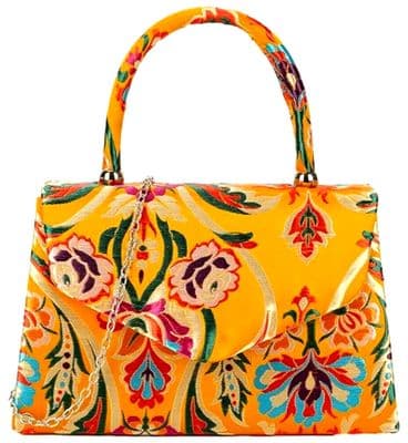Floral Top Handle Bag Satin Grab Bag with Embroidered Flowers in Yellow