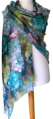 Floral Wrap with a Blue Pink and Green Abstract Flower Print Large Shawl Pashmina