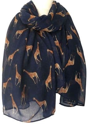 Giraffes Scarf in Navy Blue with a Brown Giraffe Pattern