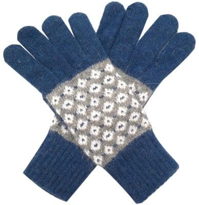 Gloves Women's Blue Patterned Knitted Wool and Angora Blend