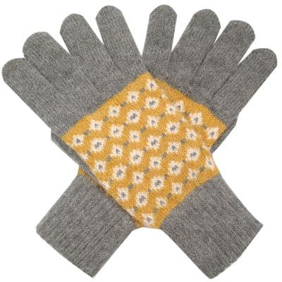 Gloves Yellow and Grey Patterned Women's Knitted Wool and Angora Blend