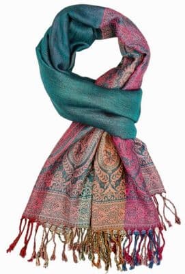 Green Pashmina Wrap Floral Pattern Shawl In Teal Pink and Orange
