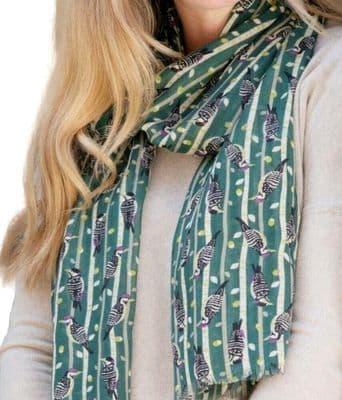 Green Scarf by Peony Scarves with a Woodpecker Pattern
