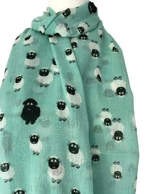 Green Scarf with a Sheep Pattern in Lightweight Cotton