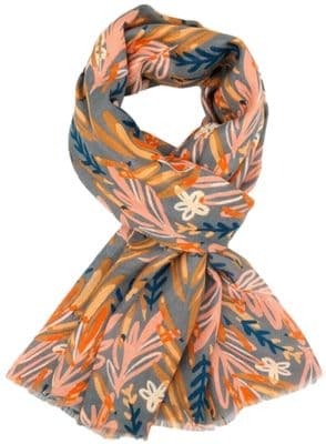 Grey Scarf with an Orange and Pink Floral and Leaves Pattern